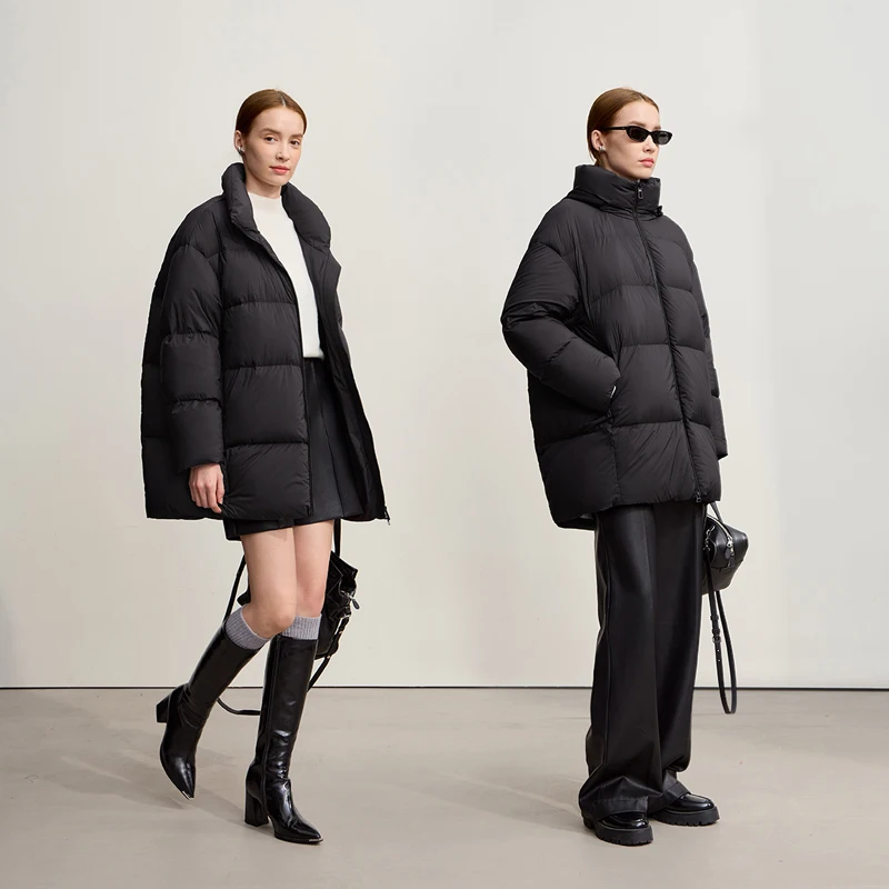 Amii donsjas vrouw 2025, winter nieuwe losse afneembare capuchon, rits, warme lange mouwen, effen kleur eendendons donsjack 12524011
