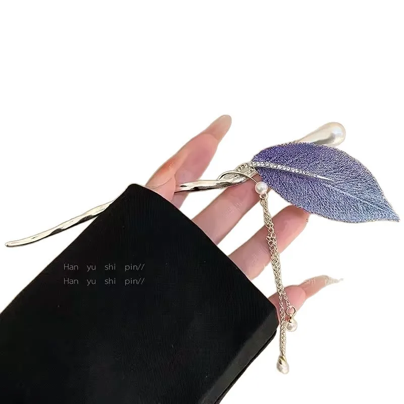 2025 جديد النمط الصيني الأرجواني ورقة الشعر العصي للنساء خمر شرابة معدنية Hanfu عود على شكل دبوس الشعر إكسسوارات الشعر #5