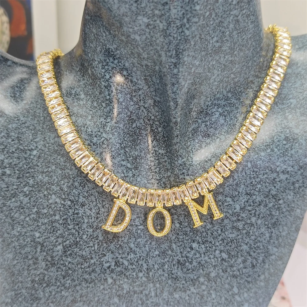 2023 Customize Wide Tennis Chain Necklace Luxury Zircon Personalize Name Initial Necklace For Women Party Jewelry Gifts
