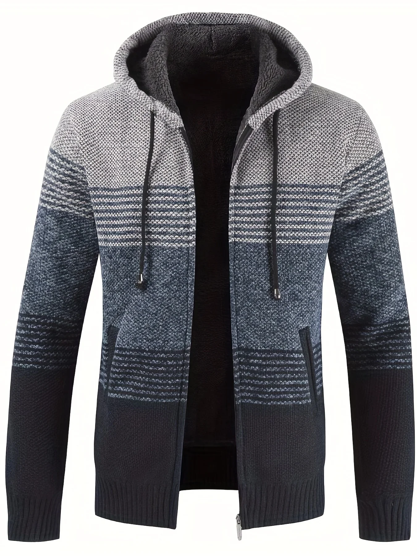 

All Match Knitted Stripes Pattern Design Fleece Cardigan, Hooded Cardigan, Men's Casual Warm Slightly Stretch Zip Up Jacket Coat