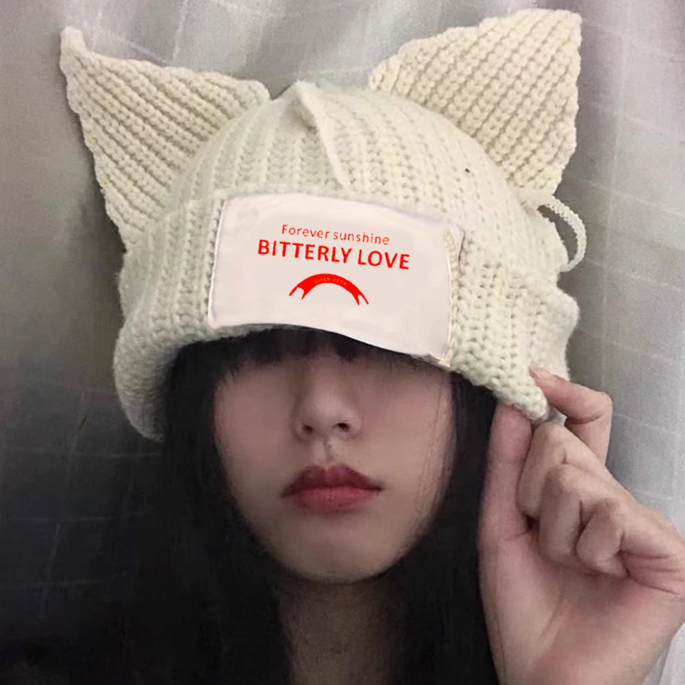 

Y2k Cute Cat Ear Knitted Wool Hat Women Fashion Hooded Cap Beanies Winter Warm Pig Ear Woolen Hat Design Kpop Personality Bonnet