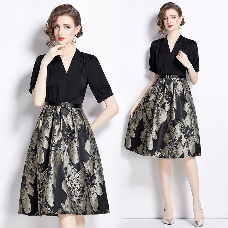 Summer Dress Office Lady Extravagant Designer French Patchwork Jacquard Waist Dress with Belt