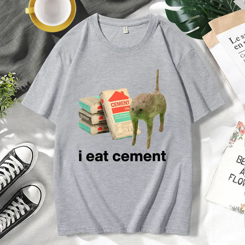 I Eat Cement Cursed Cat Funny Meme Graphic T Shirts Men Women Fashion Humor Short Sleeve High Quality Cotton T-shirt Tops