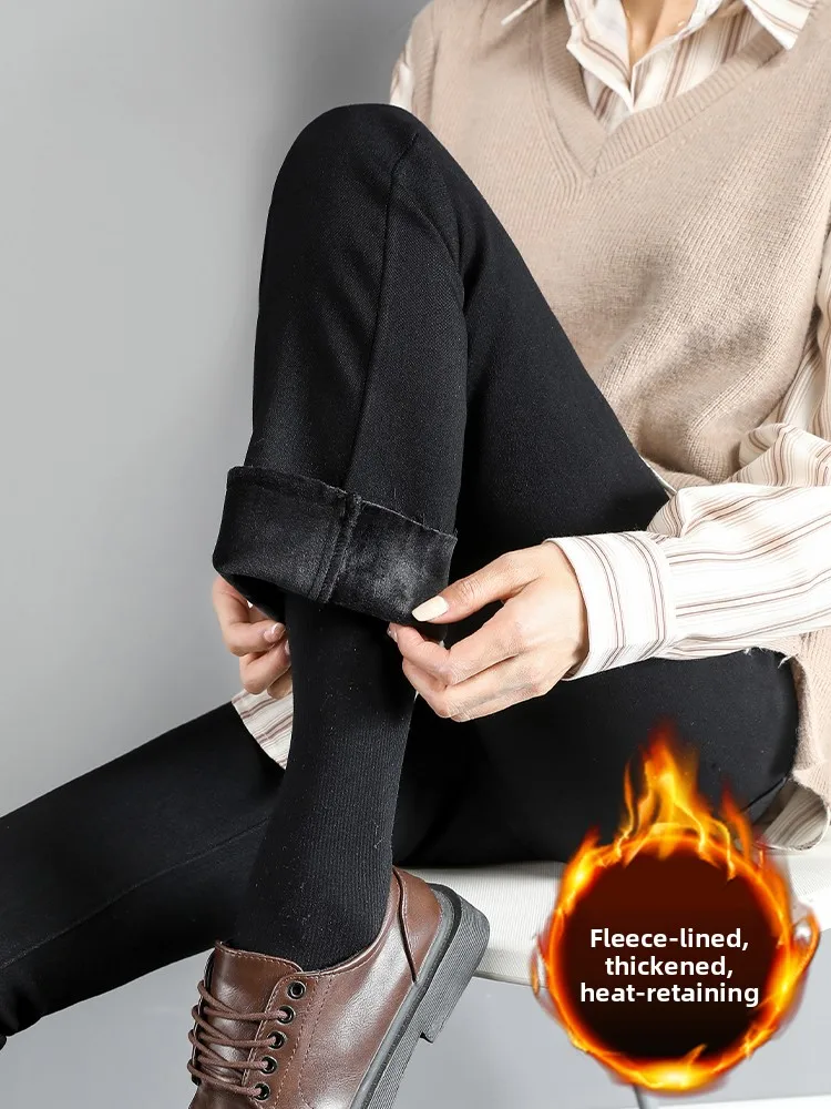 

Fleece Lined Flared Jeans Women's Black Slimming High Waist Long Pants Cotton Polyester Spandex Blend Winter Thickened Jeans