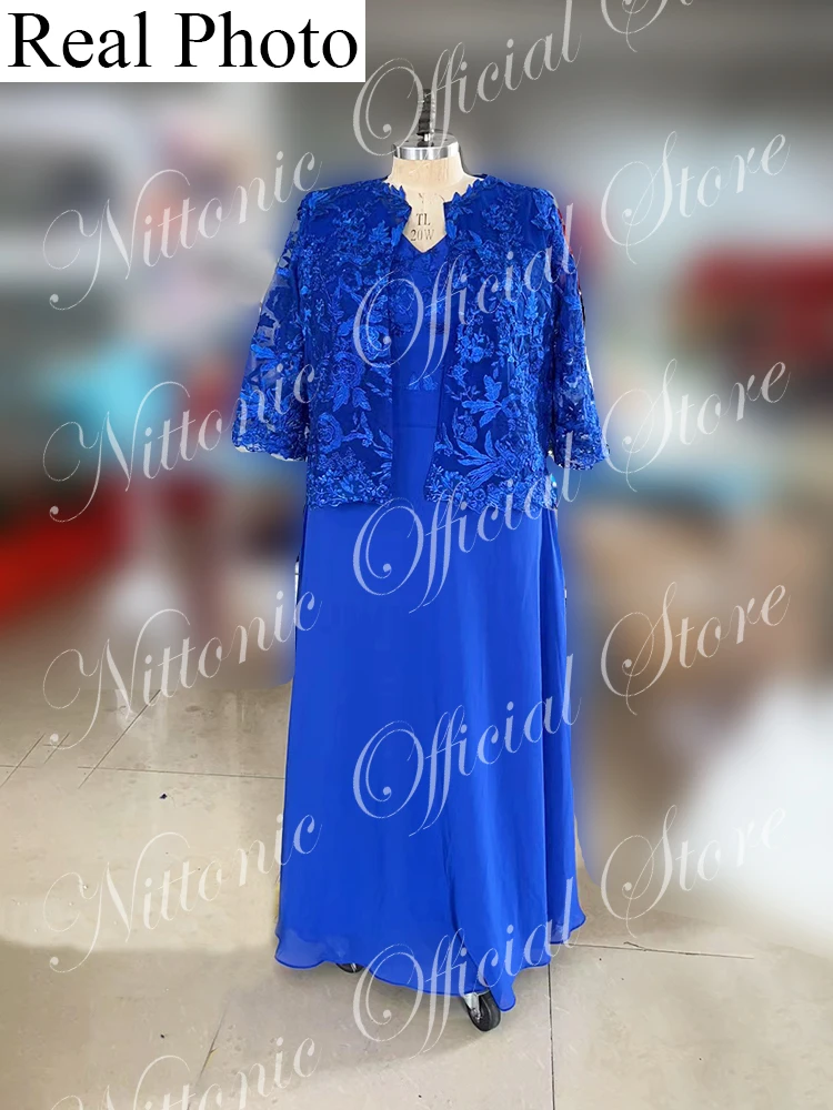 Plus Size Mother of the Bride Dress with Jacket Royal Blue Lace Appliques Straight Elegant Formal Occasion Wedding Guest 2023