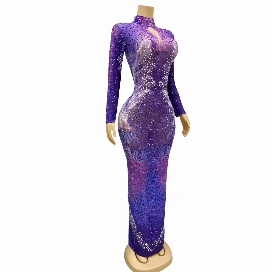 Women Purple Long Dress Elegant Prom Evening Party Catwalk Printed Crystal Mesh Tight Dress Singer Concert Show Stage Costume