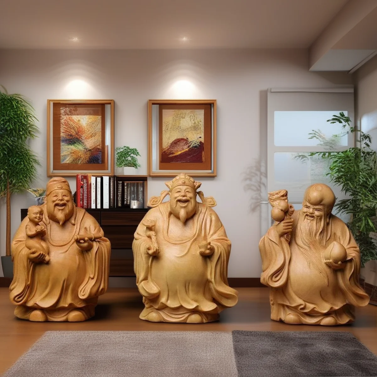 Natural Solid Wood Fu Lu Shou- Characters Statue Wooden Hand-Carved Home Room Office Fortune Decoration Statue Three-piece set - Image 6