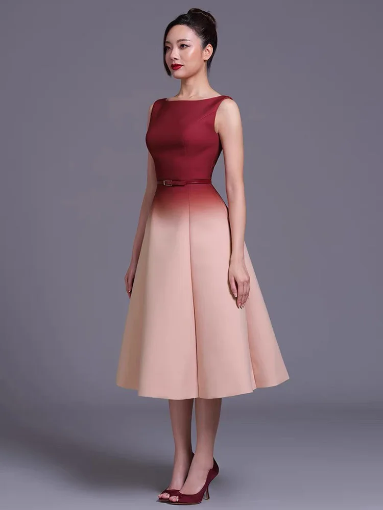 LISM moda mujer noche cuello redondo Patchwork contraste Color espalda satén manga elegante vestidos de fiesta 2025 primavera nuevo