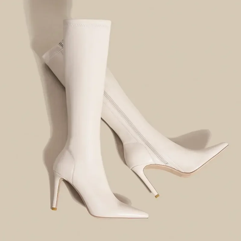 

Women Knee High Chelsea Boots Sexy High Heels Shoes Winter Fashion New Elegant Pointed Toe Goth High Booties Party Mujer Pumps