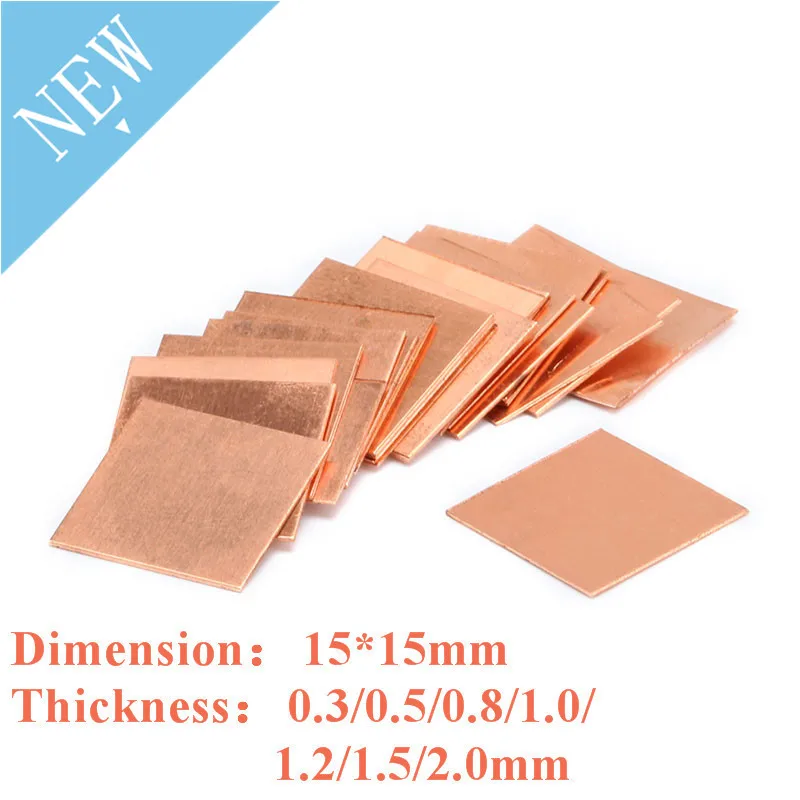 Almohadillas térmicas de cobre para ordenador portátil, 15mm x 15mm, 0,3mm, 0,5mm, 0,8mm, 1mm, 1,2mm, 1,5mm, disipador térmico de espesor, Chipset IC, GPU, CPU, 10 unidades