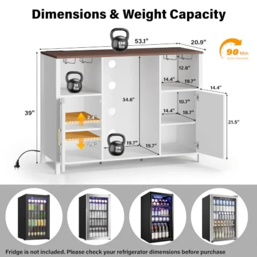 Kitchen dining room coffee bar cabinet, wood veneer, walnut brown, 53'' large with power outlet, adjustable shelf and glass hol