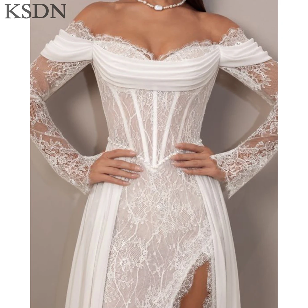 KSDN Pretty Women Evening Dresses Fashion Off the Shoulder High Side Split Gowns Formal Occasion Long Sleeve Dress Vestidos
