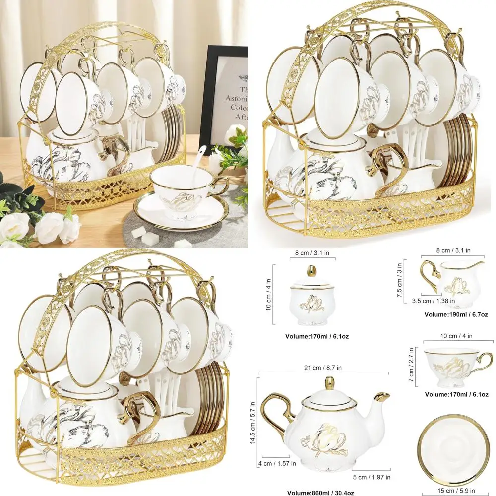 

British Bone China 22-Piece Tea and Coffee Set with Gold Tulip Design for Afternoon Tea, 6 Cups and Saucers, Ideal for Home, Wed