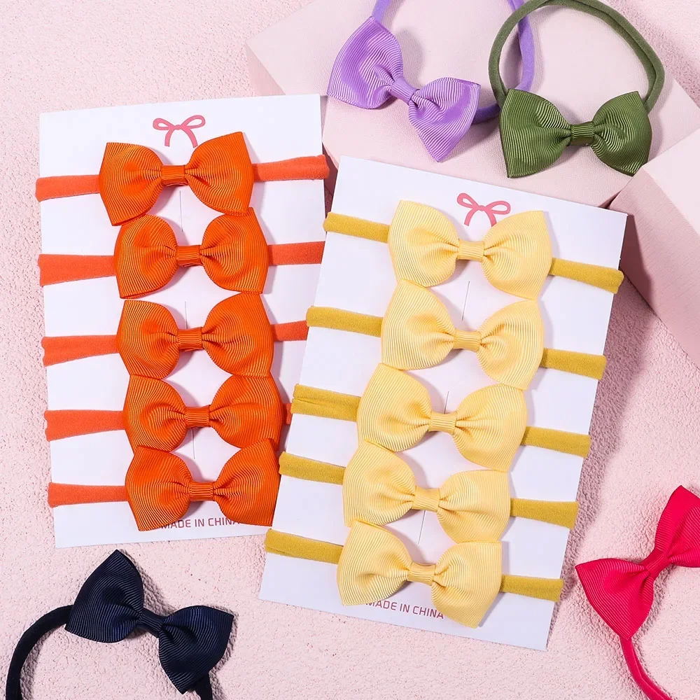 

5Pcs/Set New Girls Solid Color Bowknot Elastic Headband for Baby Kids Grograin Ribbon Headwear Infant Hair Accessories Wholesale