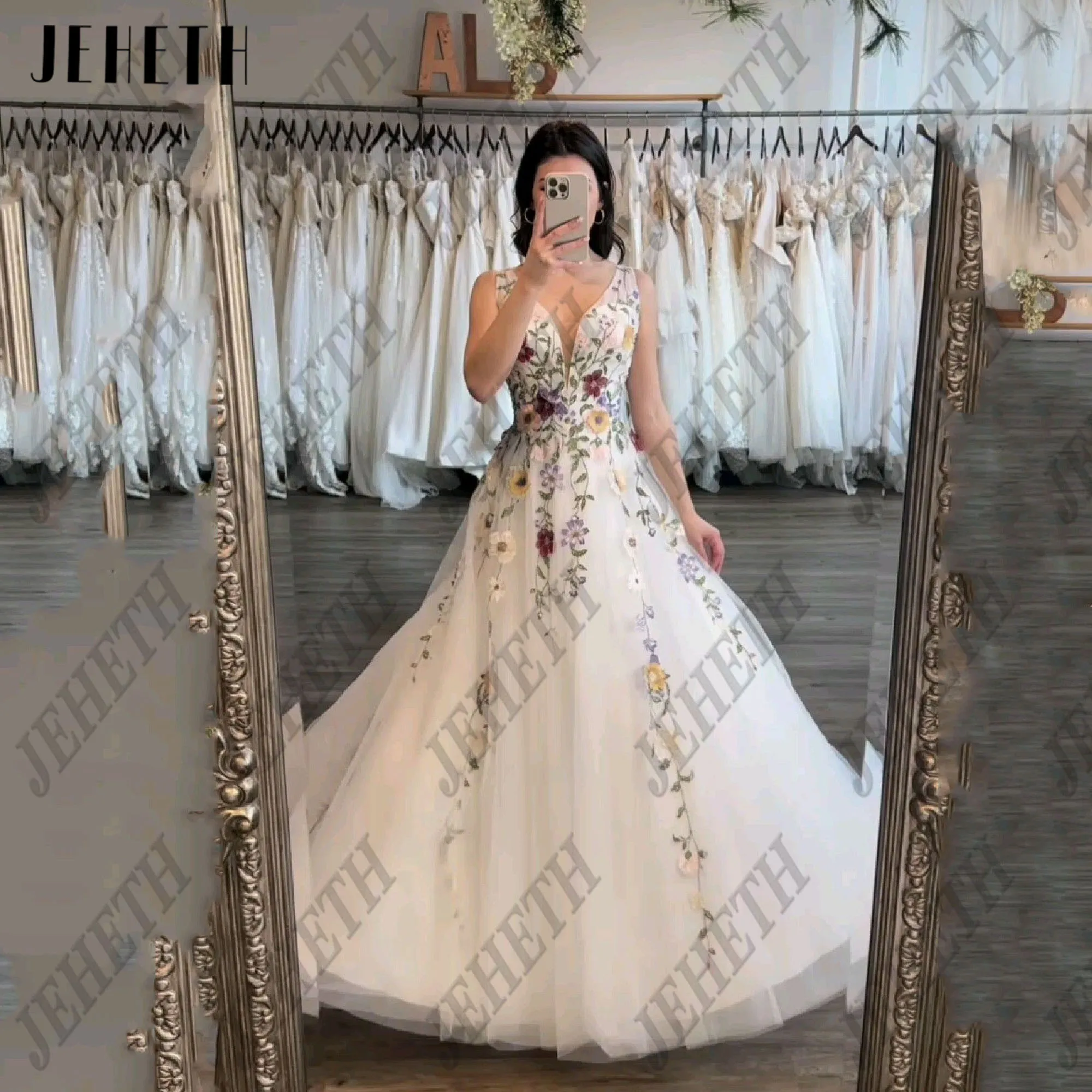 JEHETH Stickerei Elfenbein Abendkleid 2025, A-Linie, ärmellos, 3D-Blumen, Tüll, Abendparty-Kleider, formelles Anlasskleid, individuell gestaltetJEHETH Stickerei Elfenbein Prom Kleid 2025 A-Linie ärmellos 3D Blumen Tüll – Detail 9