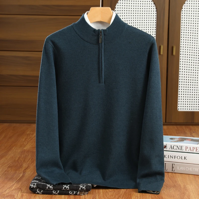 New autumn and winter men's knitted imitation wool sweater, casual and warm semi high neck men's pullover sweater Solid color