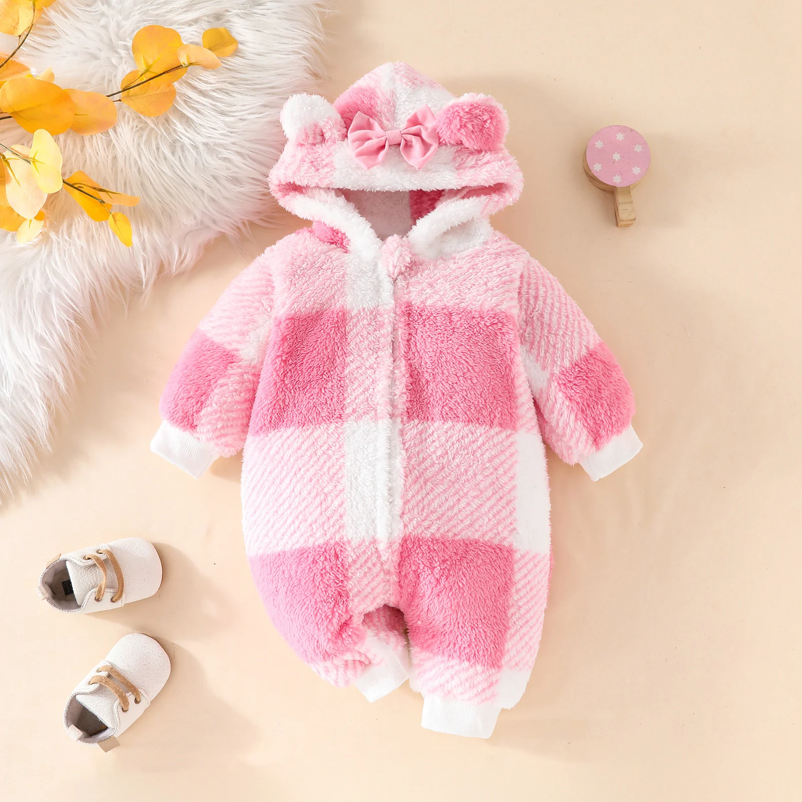 Baby Girls Winter Warm Furry Hooded Rompers Long Sleeve Cute Plaid Bow Plush Jumpsuit Outerwear for Daily Party Wear Homewear