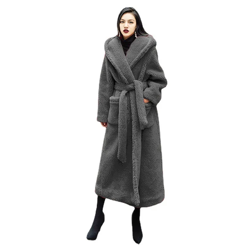 New Women Fur Coat 2025 Autumn Winter Hooded Lace Up Imitation Fur Jacket All Match Thickened Loose Long Faux Fur Overcoat