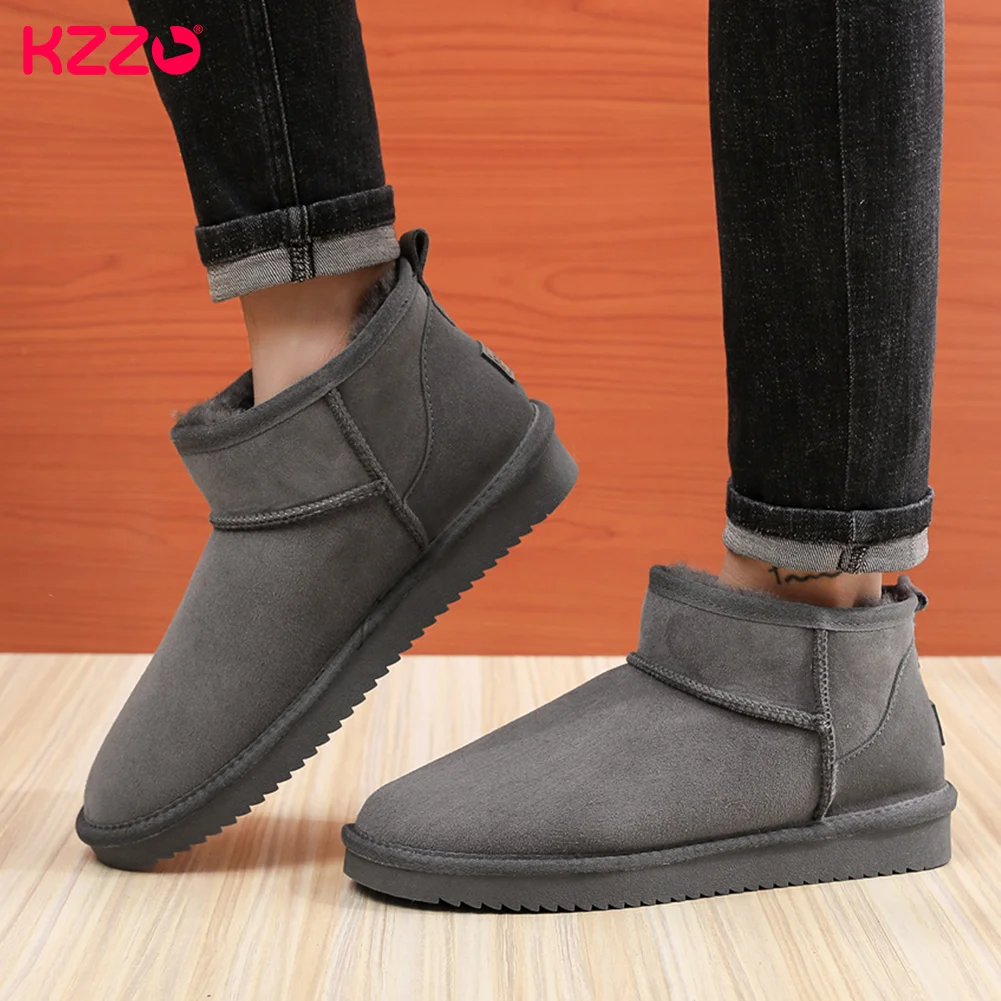 KZZO New Australia Mini Snow Boots for Men Natural Sheepskin Leather Winter Boots Wool Fur Lined Warm Shoes Non-slip