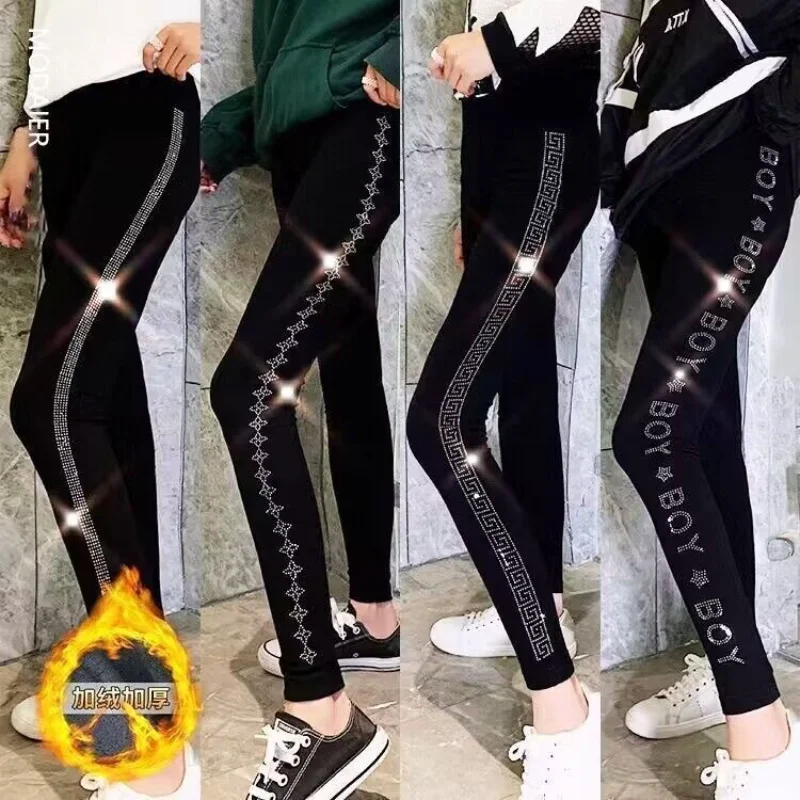 Women Clothing Sexy Pants Woman Fitness New Autumn Winter High Waist Stretch Thicken Velvet Leggings Blingbling Hot Drilling