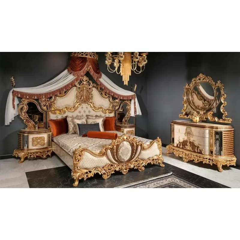for Luxury Royal Solid Wood Mahogany Bedroom Set Gold Carved Queen Bed Wardrobe Dresser Medieval Antique Hotel Apartment