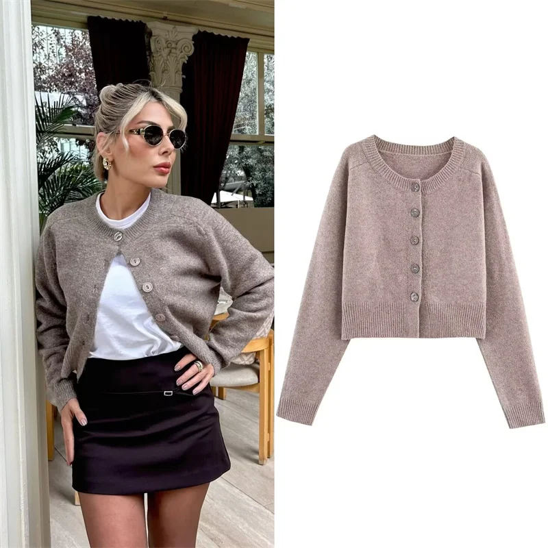 

Women's Coat 2025 Autumn New Style Khaki Long-Sleeve Button-Decorated Simple Knit Cardigan Jacket Casual Fashion Relaxed Fit