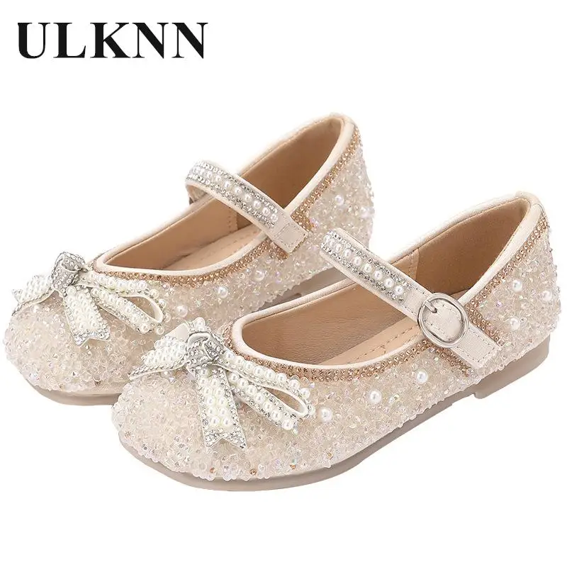 

Girl Flat Shoes Children Leather Shoes Student's Pearl Bow Baby Princess Spring Autumn Period Kid's Crystal Shoe