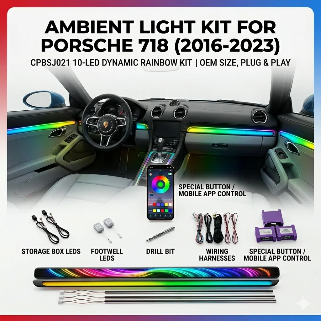 

Dynamic Rainbow Ambient Light For Porsche 718 2016-2023 10 in 1 Acrylic RGB 64 Color LED Atmosphere Lamp Universal LHD RHD Kit