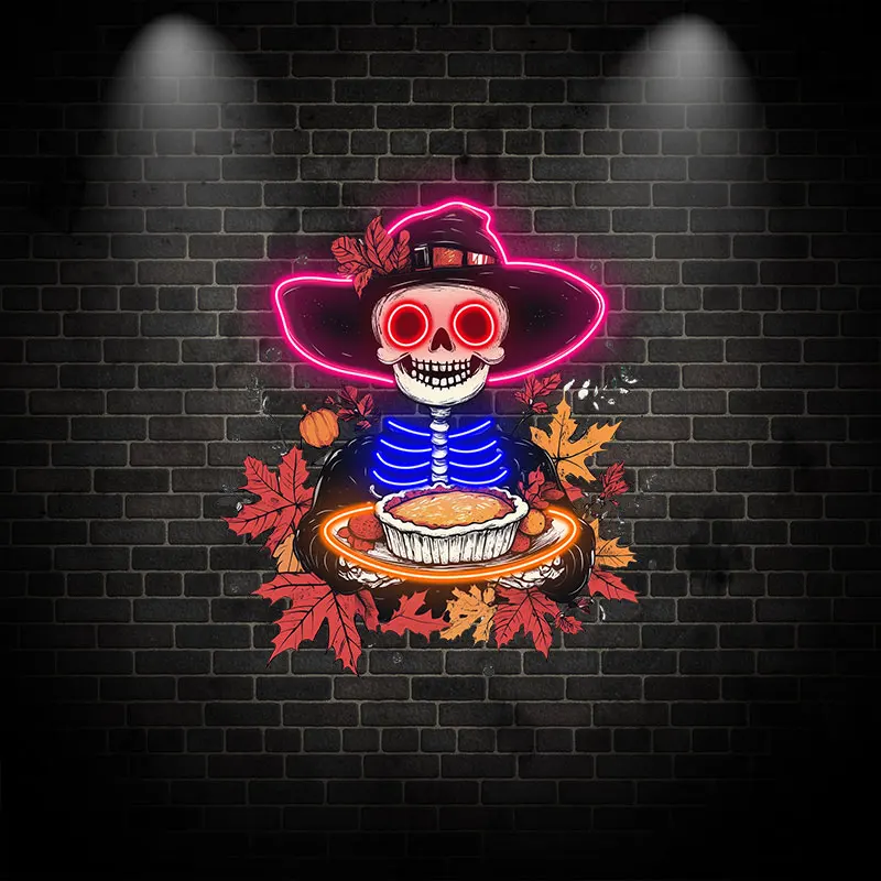 Neon Skeleton with Pie Thanksgiving Decor, Playful Skeleton Holding Pie, Unique Holiday Art Neon for Seasonal & Halloween Decor