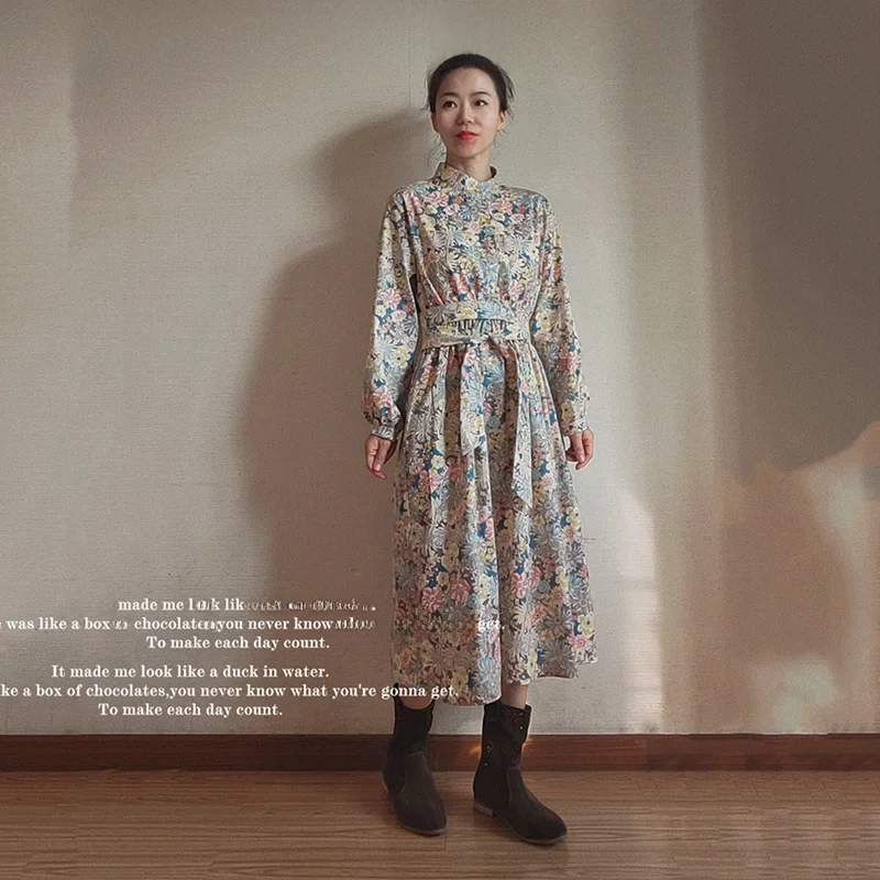 

Новая хлопковая юбка-миди Kuahua с цветочным принтом, длинными рукавами, завышенной талией, для повседневной носки, весна-осень, в художественном стиле, многоярусная