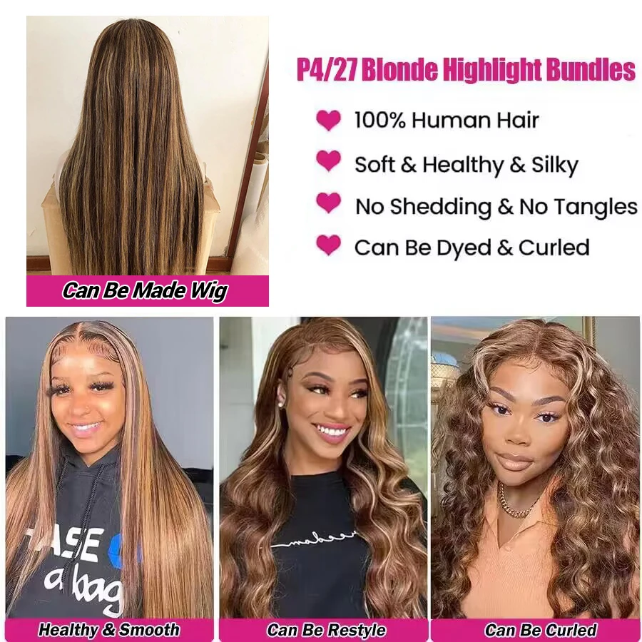 Destaque pacotes de cabelo humano em linha reta pacotes de cabelo cru p4/27 colorido ombre mel loira pacotes extensões de cabelo brasileiro