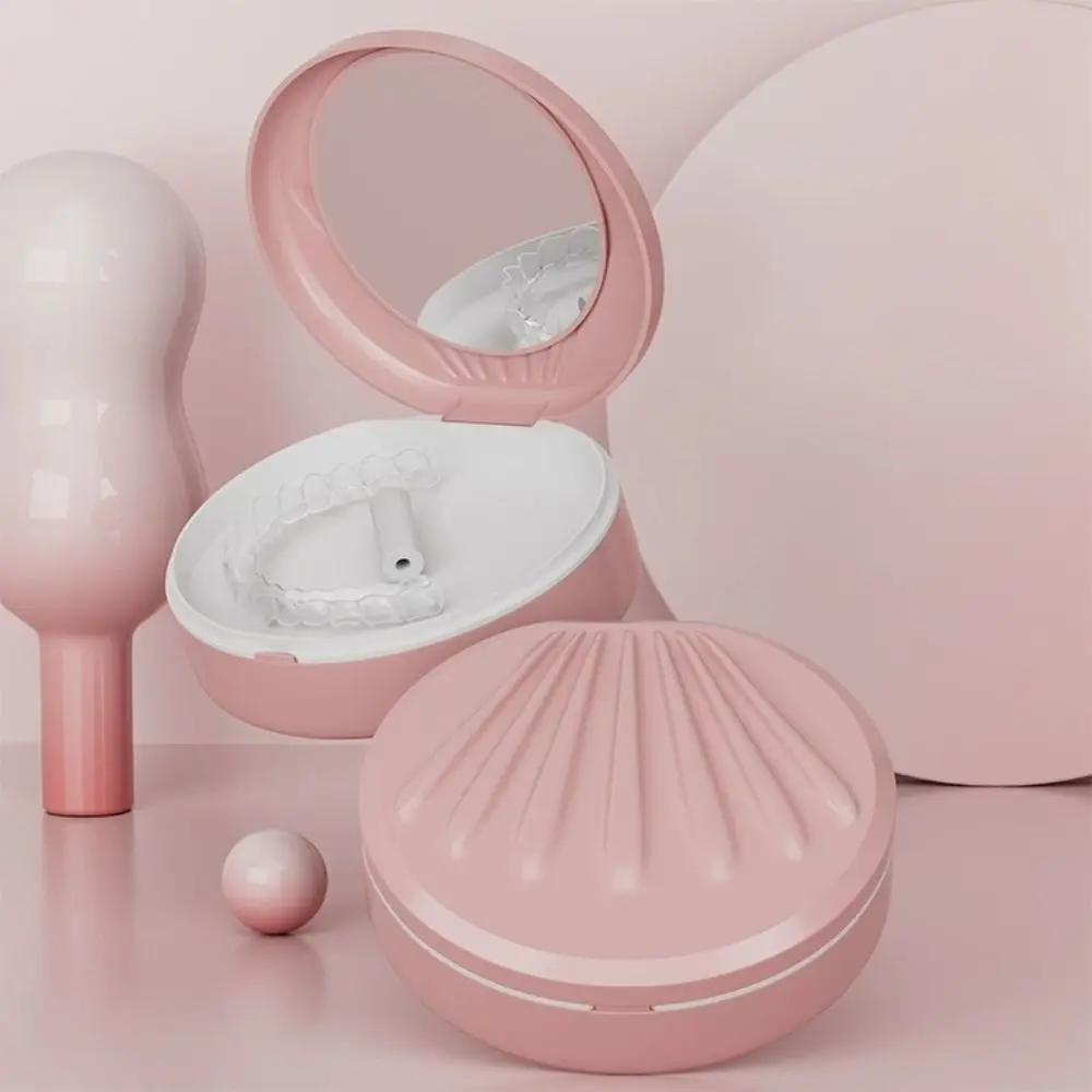 

Double Layer Orthodontic Retainer Case Mouthguard Shell Shaped False Teeth Box with Mirror Cleaning Tooth Teeth Braces Container