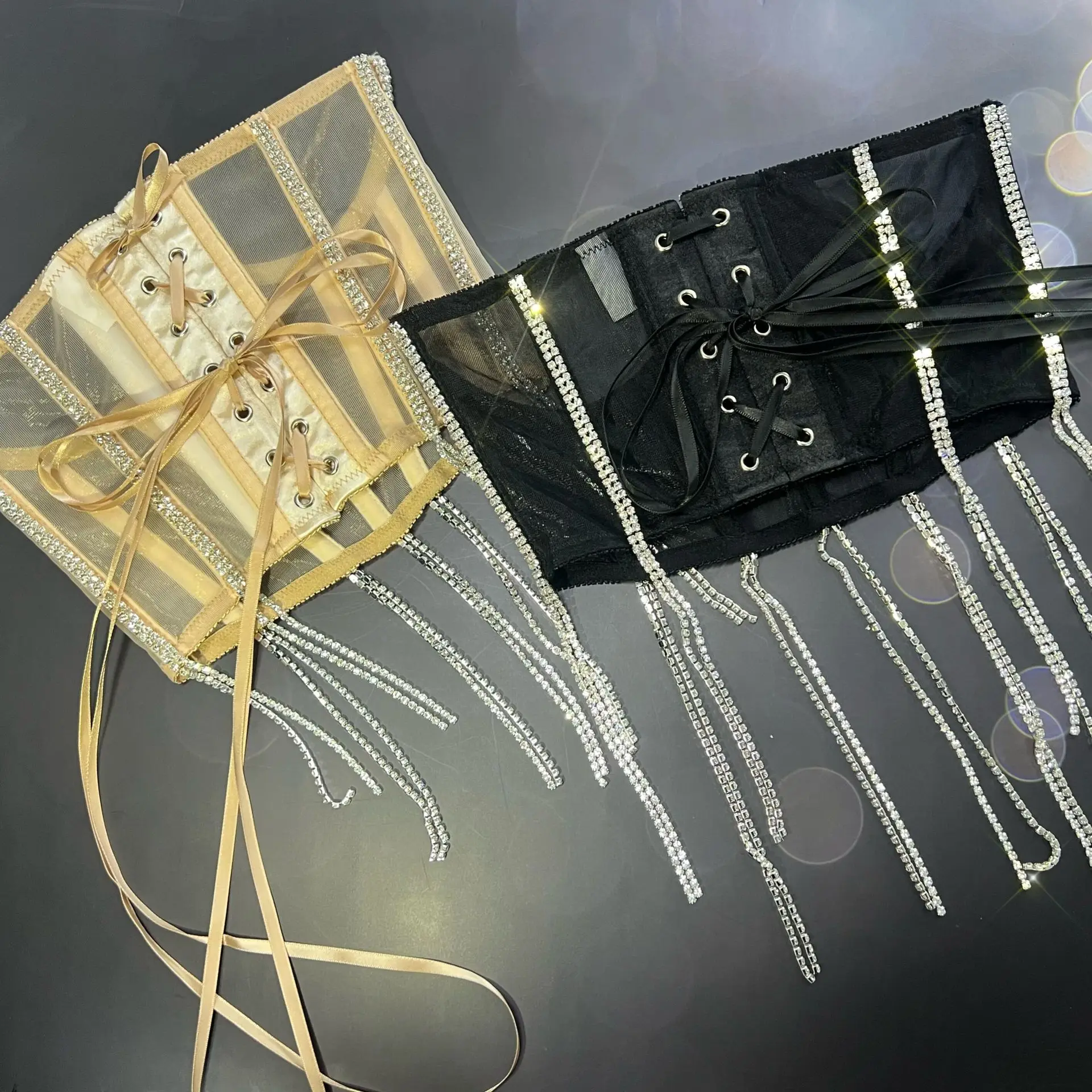 Women Underbust Corset Belt Luxury Diamonds Tassel Sexy Black Cummerbunds Streetwear NightClub Evening Party Stage Costume