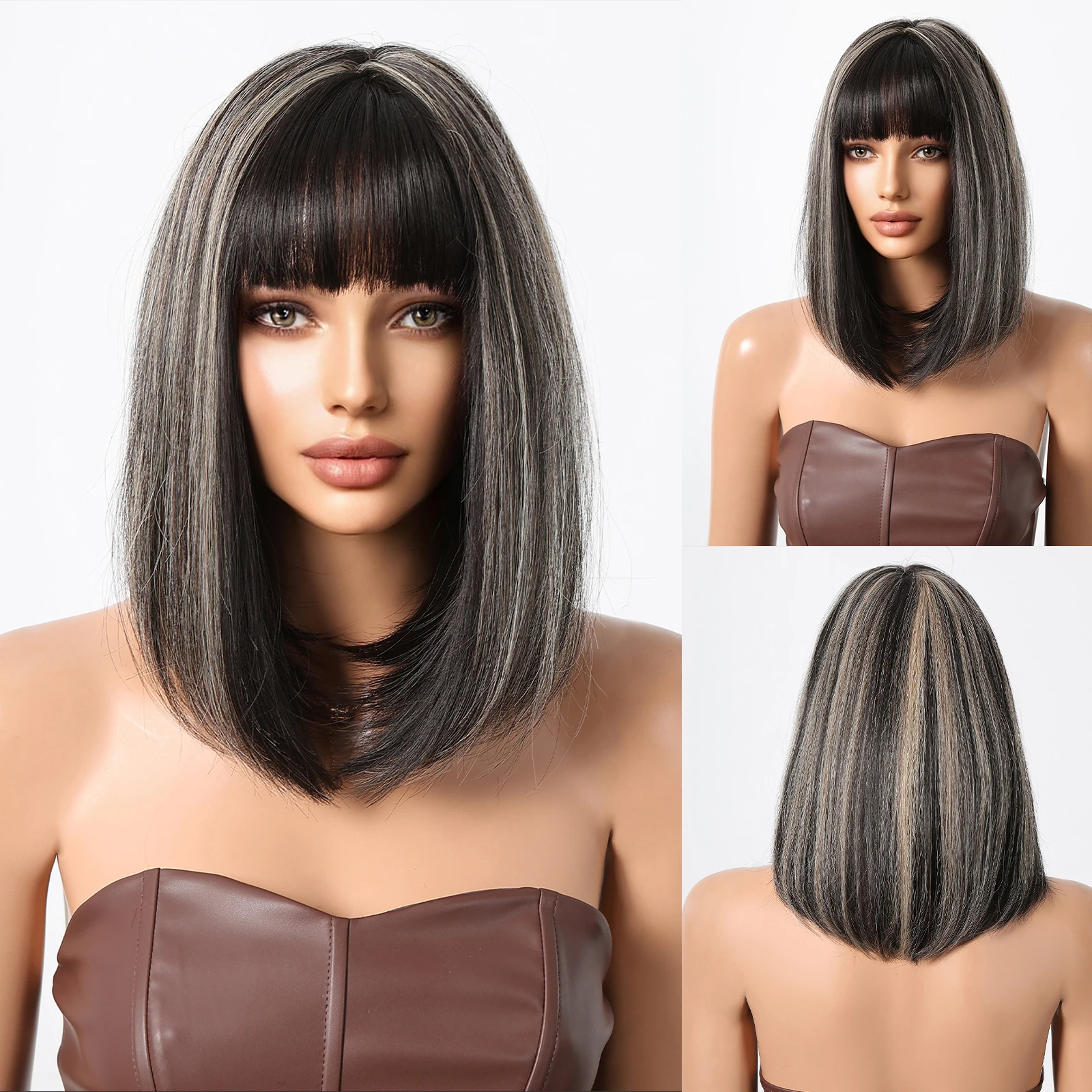 Short Straight Bob Synthetic Wigs With Bangs Black with Brown Highlight Natural Hair Wig Daily Cosplay Wigs Heat Resistant Fiber