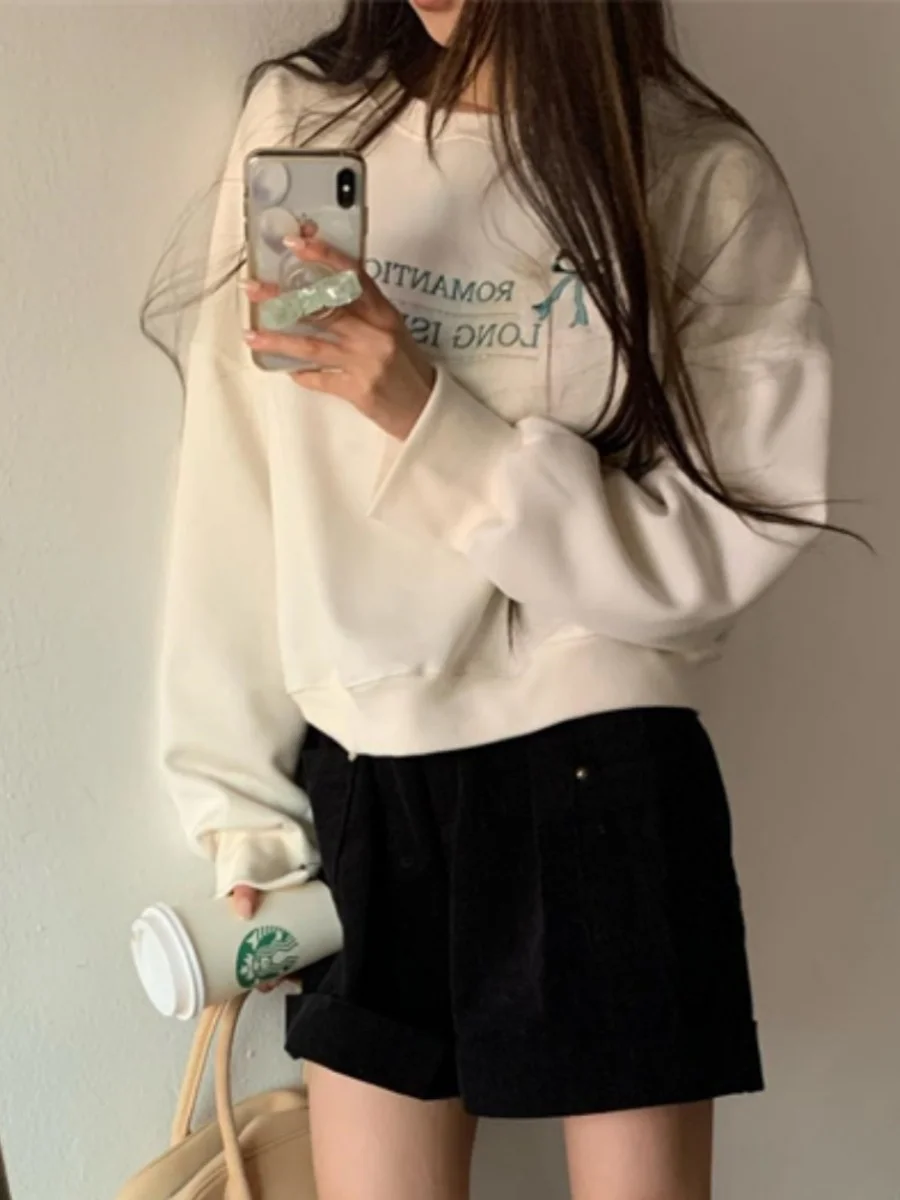 Embroidered Bow Letter Short Sweatshirt 2024 New Spring Women\'s Round Neck Loose Pullover All-matched Casual Popular Sports Top