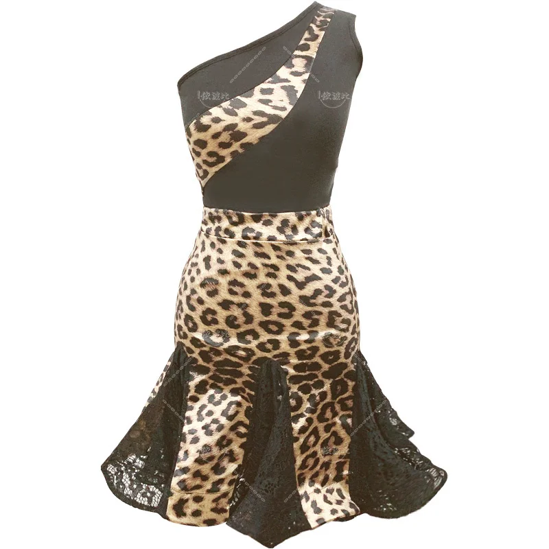 Vestido de dança latina leopardo de um ombro para meninas, vestido sexy infantil, vestido de dança chacha, 1pc por lote