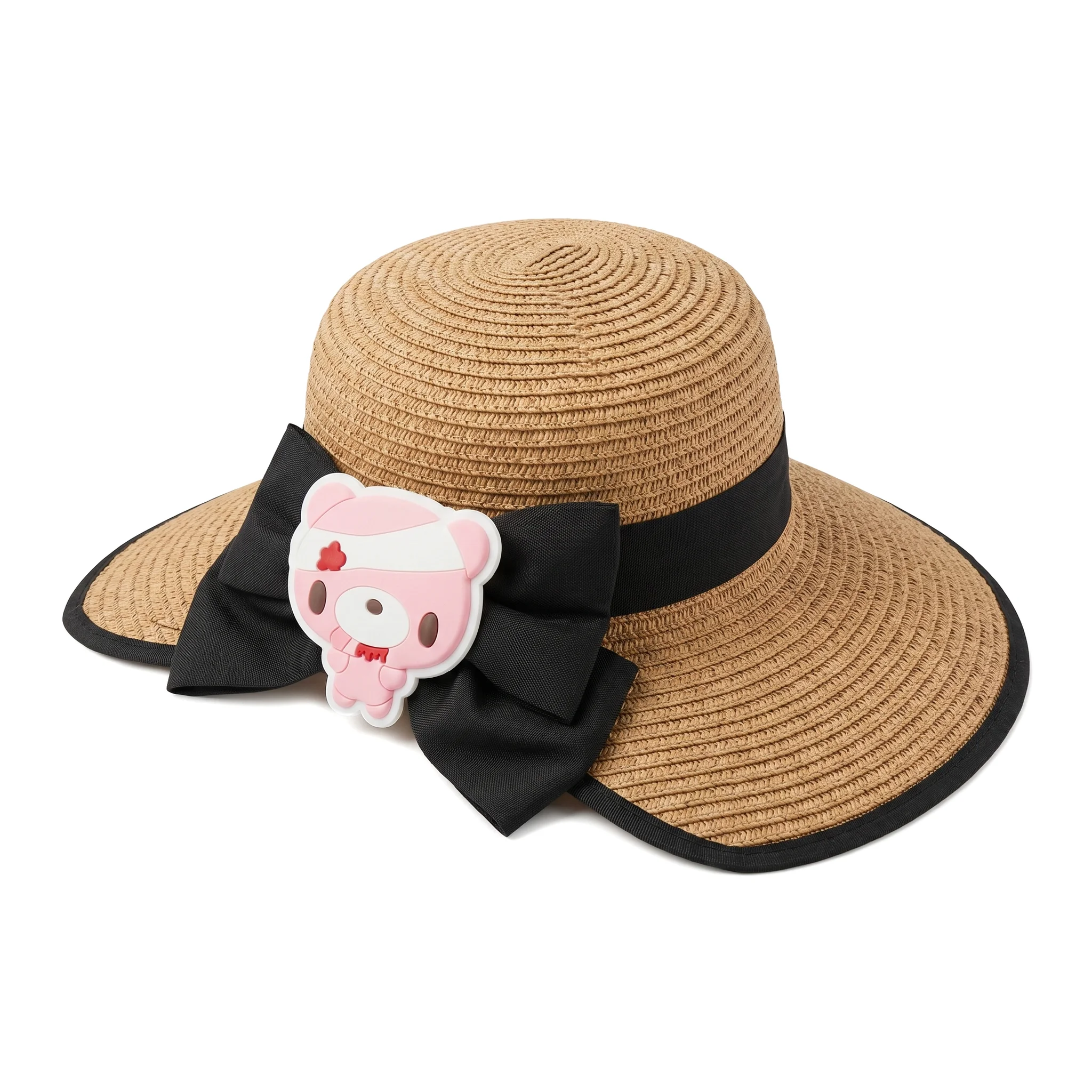Cartoon Bear Straw Sun Hat, Black Bow Wide Brim Summer Hat, UV Protection Beach Hat with Cute Bear Charm