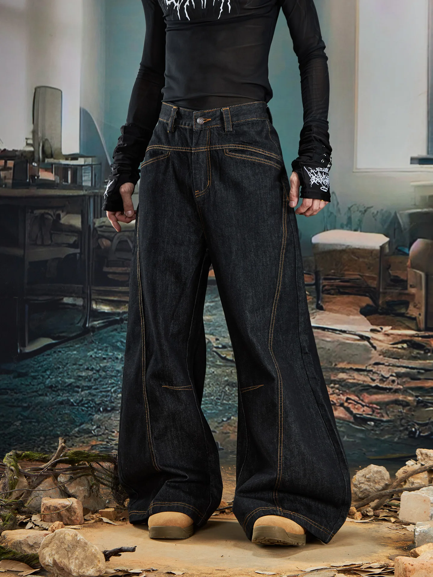 Special-Interest Design All-Match Line Retro Washed Distressed Wide-Leg Skinny Jeans Loose Straight Trousers