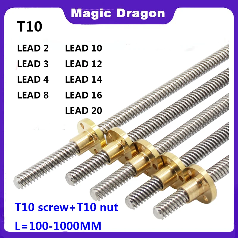304 Stainless Steel T10 Screw Length 100 200 300 400 500 600 700 800 1000mm Lead 2 3 4 8 10 12 Trapezoidal Spindle Screw and Nut