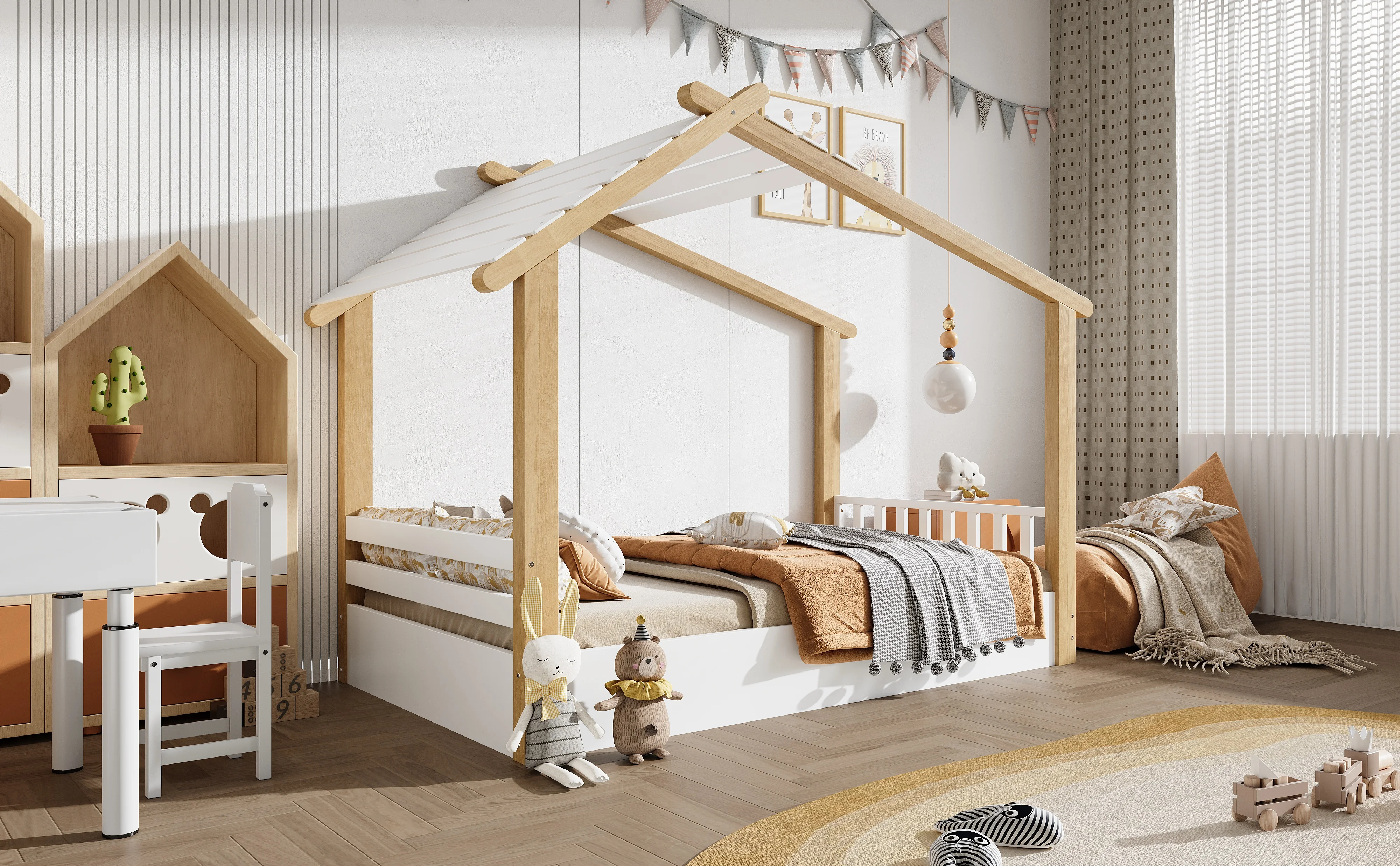 PINGGO Weißes Naturholz-Einzelbett 90x200cm Hausdesign Lattenrost Kiefer+Spanplatte+MDF Ohne Matratze – Detail 1