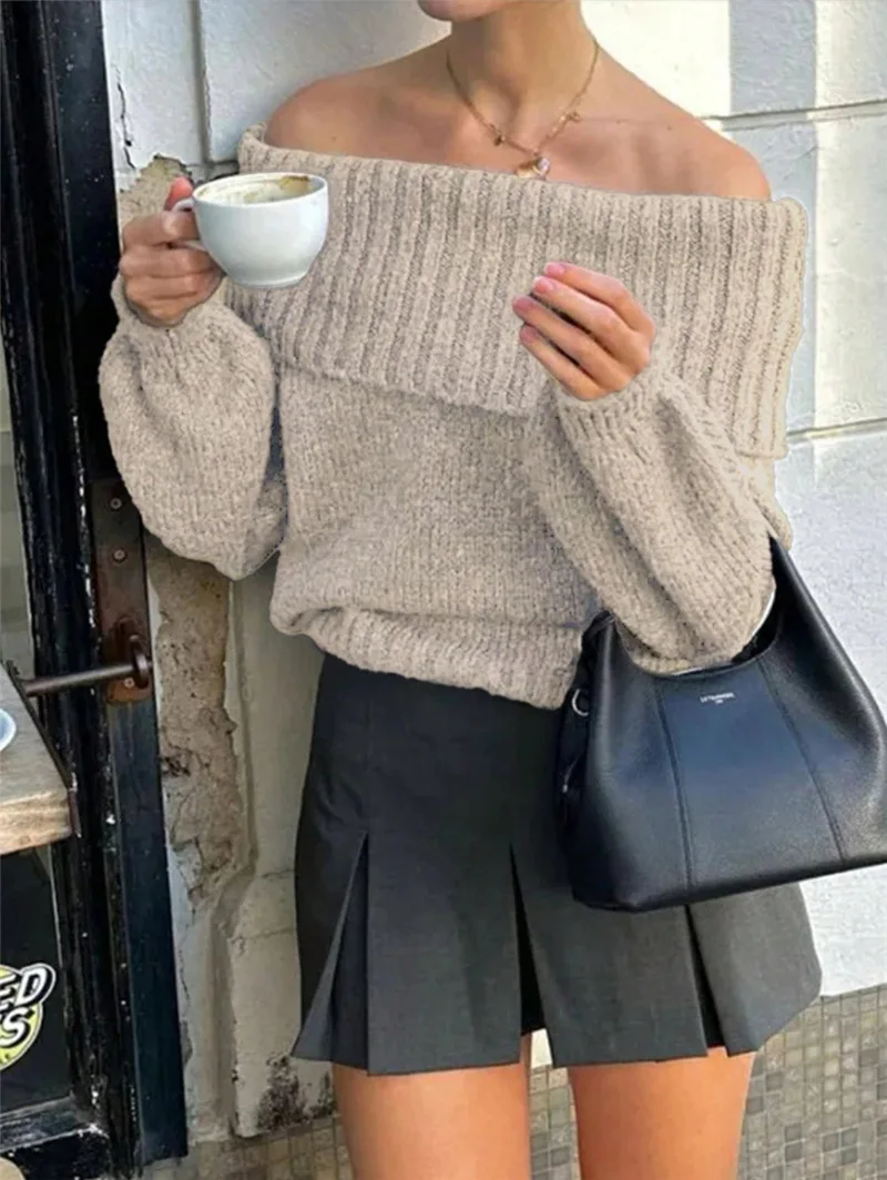 

2025 Autumn New Simple Solid Color Slim Lantern Sleeve Knitted Sweater