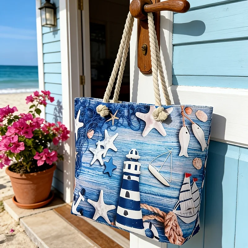

Новая летняя пляжная сумка в морском стиле с принтом маяка и морских звезд, очень вместительная.