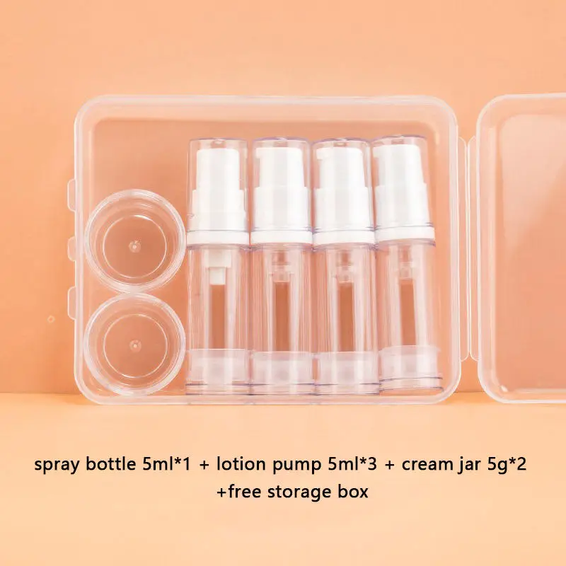 1 ensemble 5-10ML clair vide rechargeable pompe à vide sans air crème Lotion et Spray Portable bouteille ensemble échantillon emballage pour articles de toilette