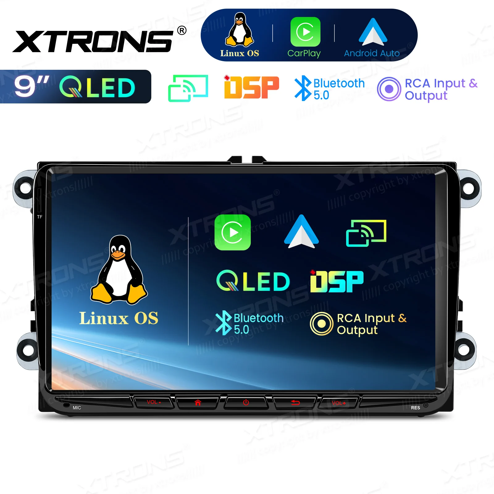 Pantalla QLED XTRONS de 9 pulgadas para VW Volkswagen/SKODA/SEAT, radio para coche, estéreo multimedia, CarPlay inalámbrico y Android Auto, sistema operativo Linux, DSP 1