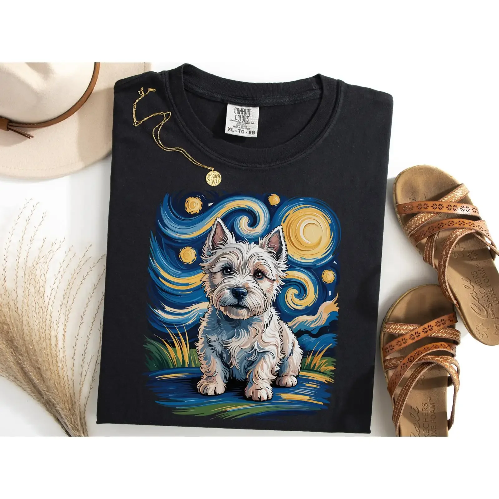 Starry Night West Highland White Terrier T Shirt Cute Westie Lover Funny Dog Owner Pet Casual vintage Washed Stylish