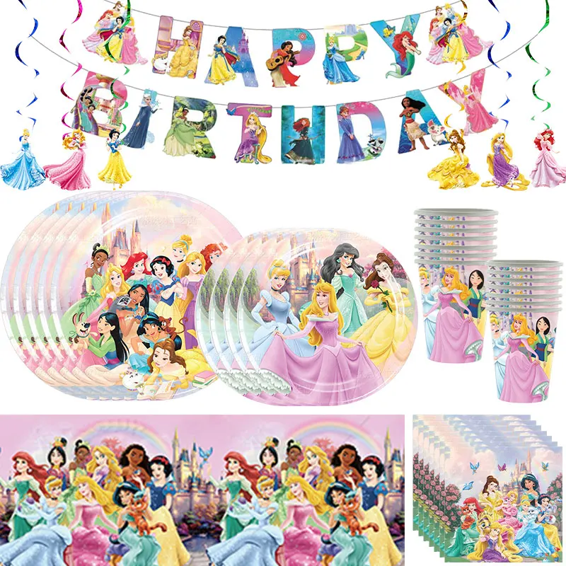 Disney Princess Birthday Party Decorations Girl Birthday Party Supplies Princess Tableware Set Cups Plates Napkins Tablecloth