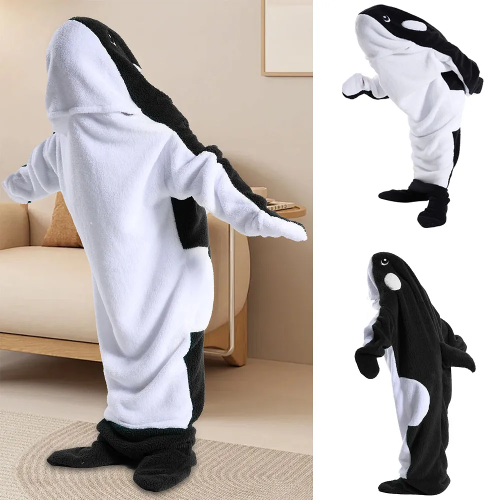 Whale Blanket Hoodie For Adult Wearable Winter Warm Blanket Hooded Playsuit Cute Cartoon Sleeping Bag Lightweight Hooded Blanket