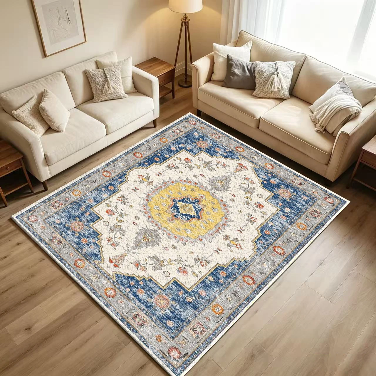 Vintage Oriental Medallion Carpet Flooring Distressed Blue Yellow Persian Floral Ornate Border Printed Floor Rug for Household Living Room Retro Home Decor