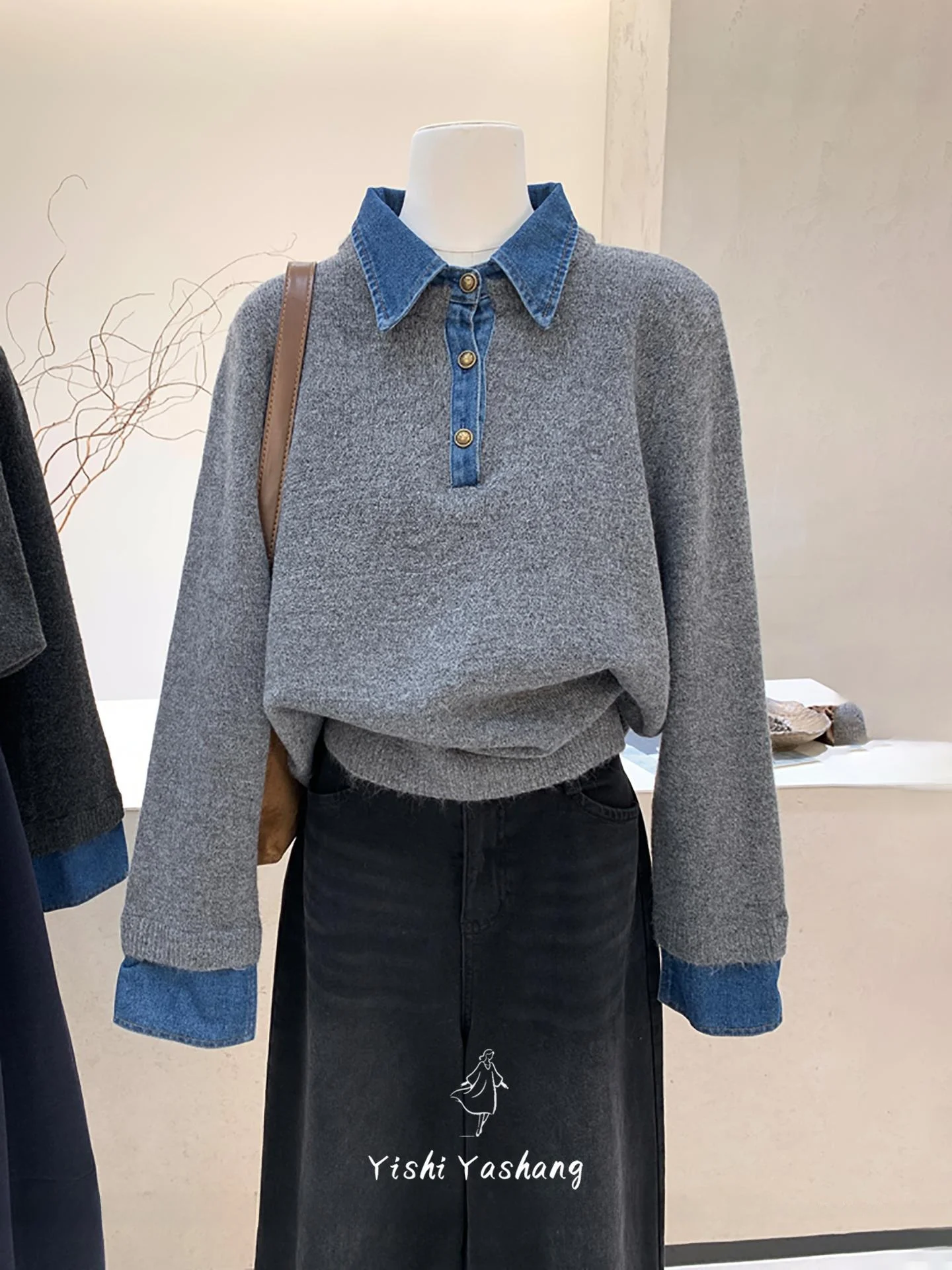 

Корейский вязаный свитер с джинсовым воротником и цветными вставками, женский, зимний, новый дизайн, свободный крой, стройнящий эффект