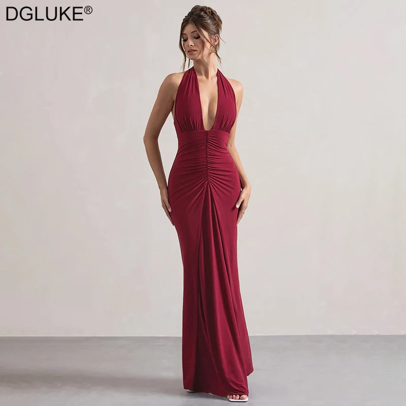 

DGLUKE Plunge Halter Backless Maxi Dress For Women Ruched High Waist Long Dress Sexy Mermaid Night Club Party Dresses